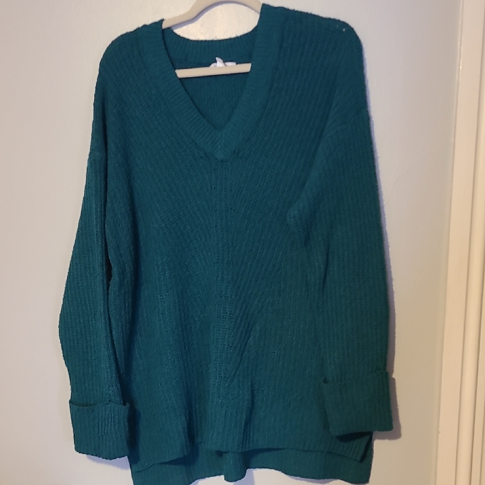 Teal V-Neck Women's Sweater Nine West Size 1x Soft Cuffed Sleeves Fall Weather